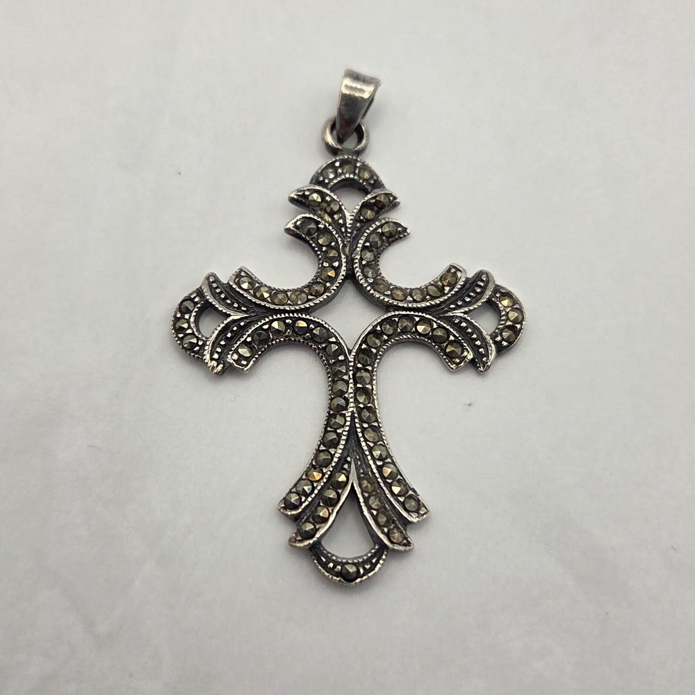 925 Sterling Silver Vintage Marcasite Cross Pendant Signed K V